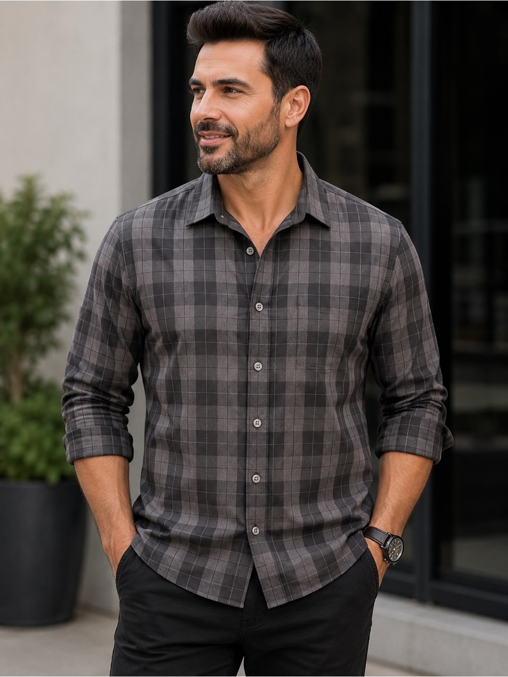Bar III Men's Gray Plaid Button-Down Shirt